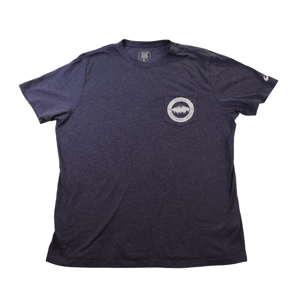 Asics Mens XL T-Shirt Navy Blue Mountain Graphic Pocket Performance Tee